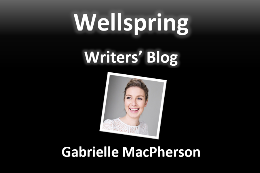 White letters on black background read 'Wellspring Writers' Blog'. Underneath a framed portrait photo of a white, blonde, 30 something woman. She laughs at something just off camera. She wears a white top and her hair up on a messy bun. Underneath the photo, the name Gabrielle MacPherson is written in white letters.