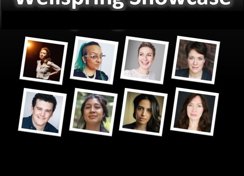 Top: text in white letters read 'Wellspring Showcase'. Centre: a composite photo of headshots of eight people. It is a diverse mix of people with various characteristics: short and long hair; dark, blonde and turquoise coloured hair; most of them face the camera and smile against a neutral background, trees, a brick wall or stage lighting.
