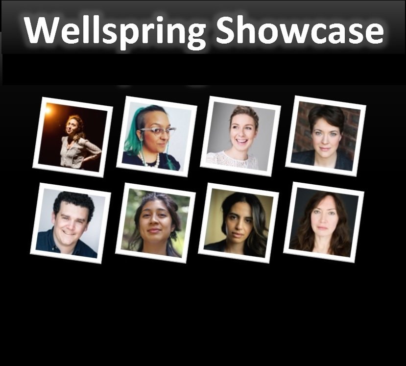 Top: text in white letters read 'Wellspring Showcase'. Centre: a composite photo of headshots of eight people. It is a diverse mix of people with various characteristics: short and long hair; dark, blonde and turquoise coloured hair; most of them face the camera and smile against a neutral background, trees, a brick wall or stage lighting.