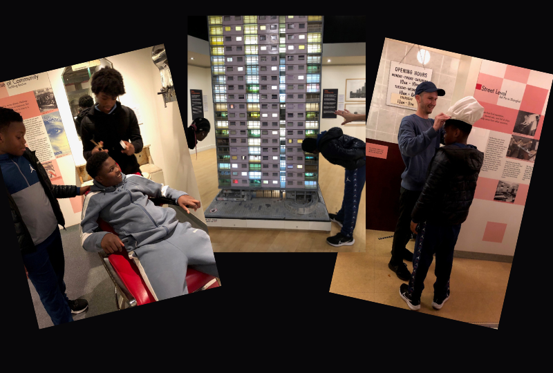 Image collage of three photos of young participants viewing and interacting with museum exhibits: 3 young people re-enact a day at the barber's, two people closely examine a tower-block exhibit and a young man putting on a chef's white hat.