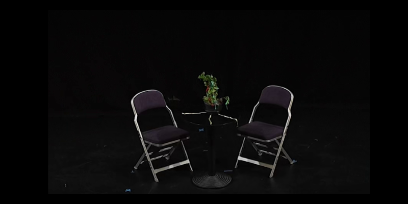 Theatre set with a small plant on a round coffee table, and two folding chairs on either side.
