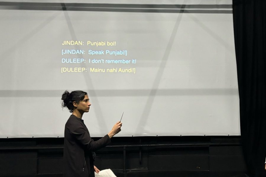 Two people of British-South Asian Ethnicity, one female, one male, stand facing each other, about 2 meters apart. They stand in front of a screen, on which is projected captions. The words in English are in blue, and the words in Punjabi are in yellow. The captions read: Jindan: Punjabi bol! [Jindan: Speak Punjabi]. Duleep: I don't remember it! [Duleep: Mainu nahi Aundi!]